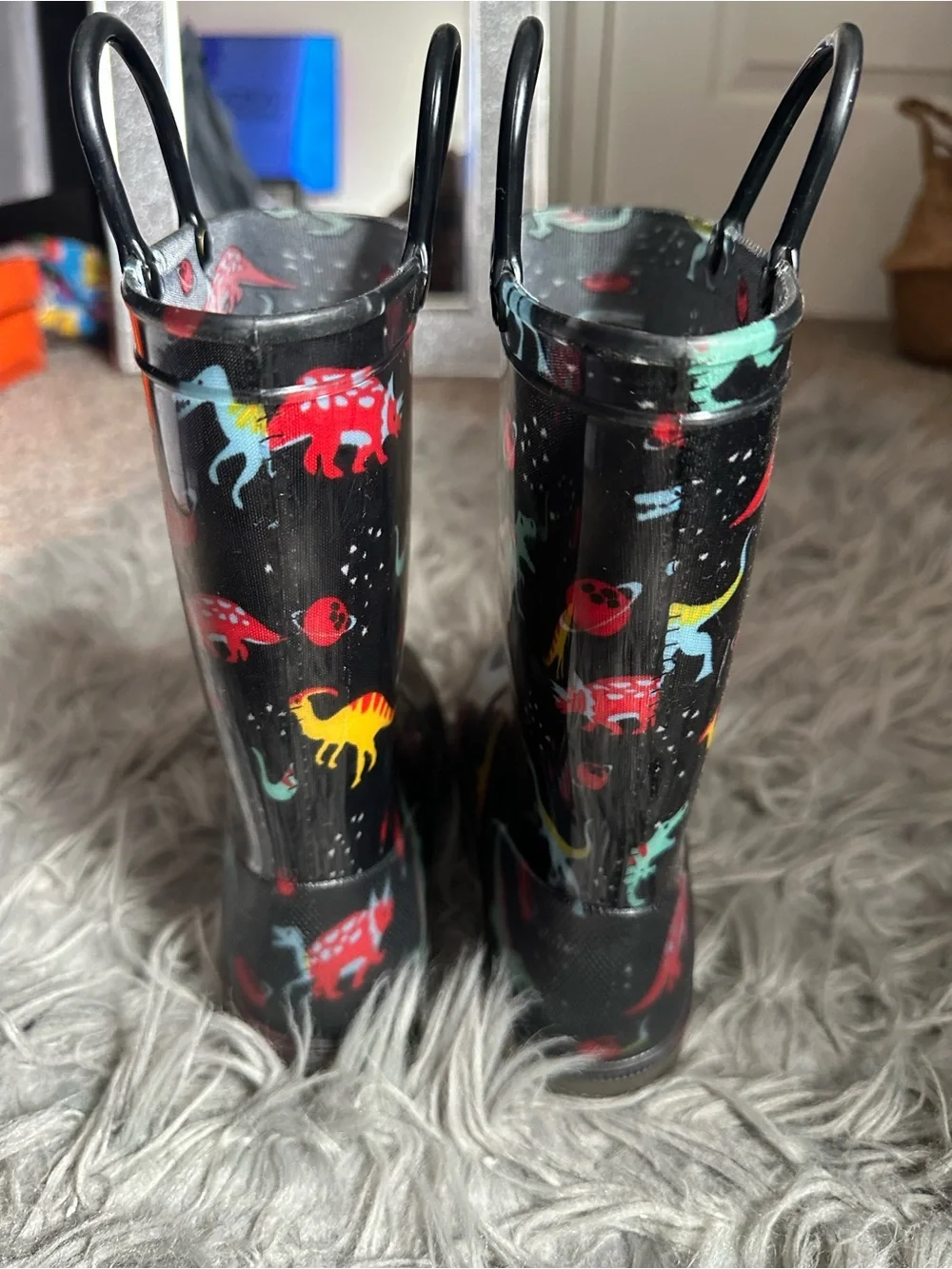 Kids Black Dinosaur Rain Boots